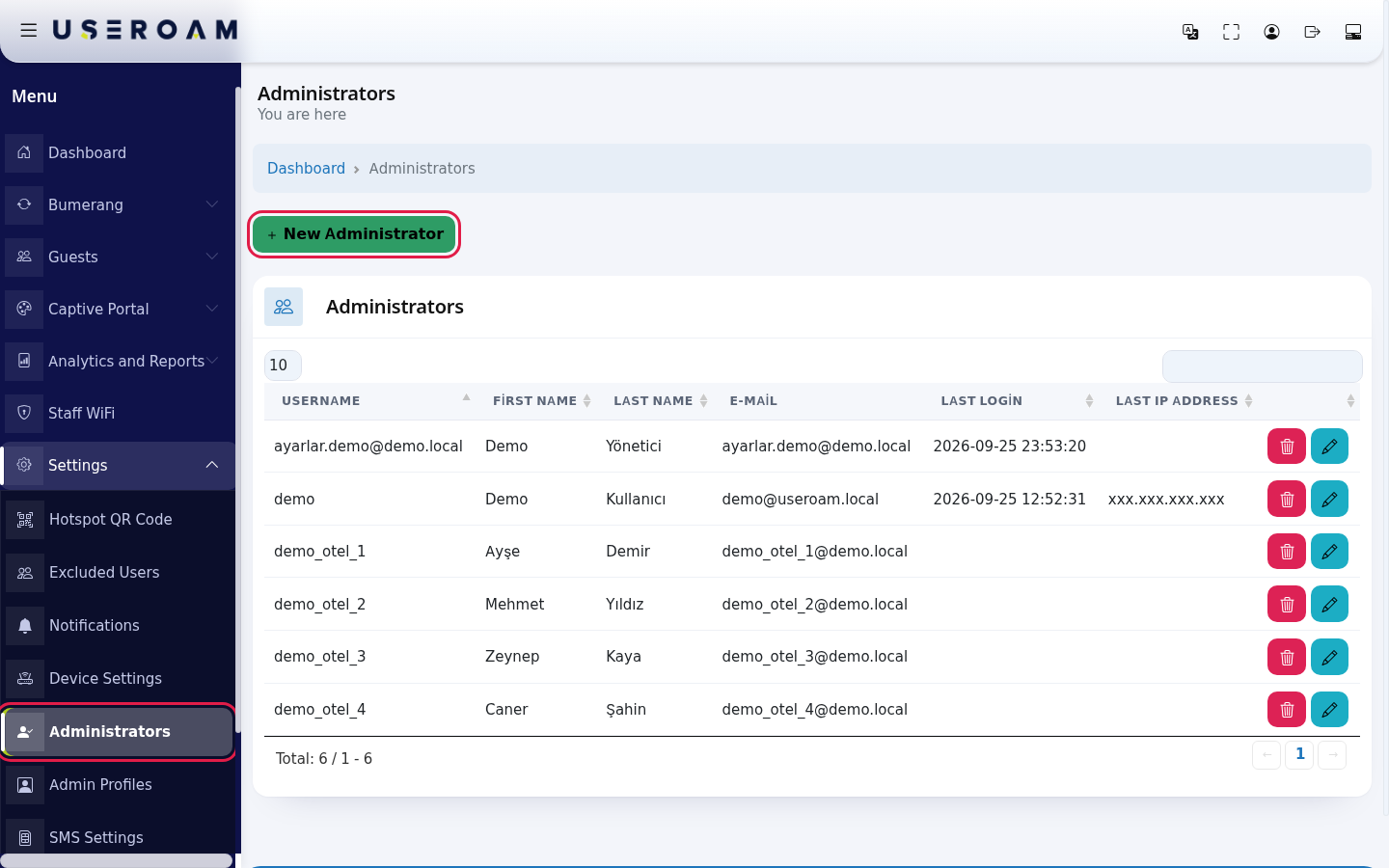 Administrators screen and New Administrator button
