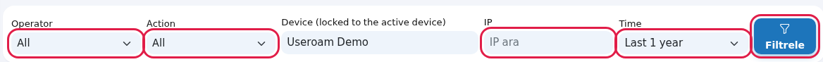 Operator, Action, IP, Time filters and filter button