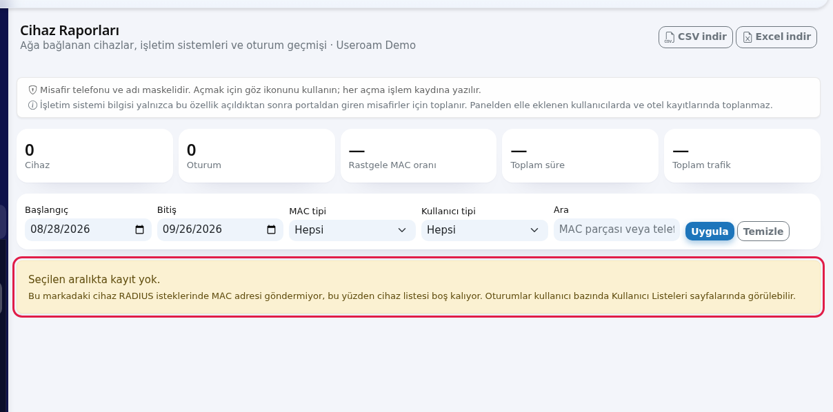 Seçilen aralıkta kayıt yok uyarısı