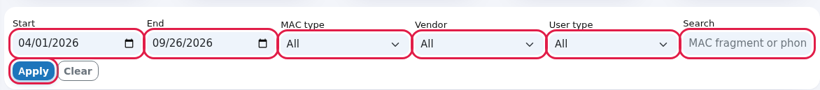 Date and filter card, Apply button