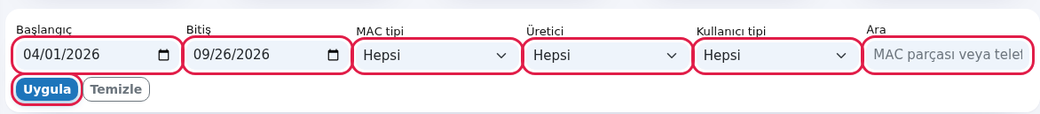 Tarih ve filtre kartı, Uygula düğmesi