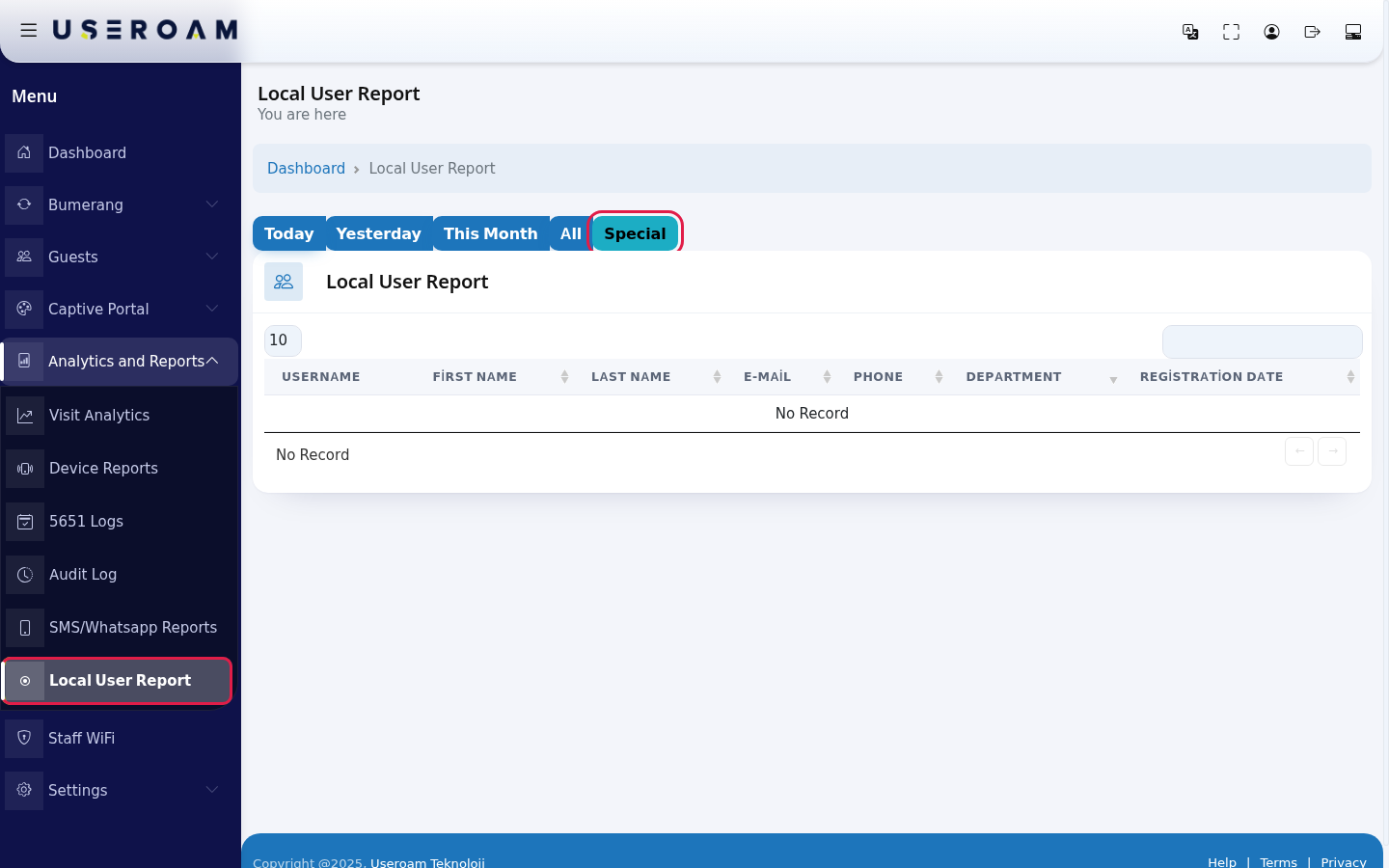 Local User Report and period buttons