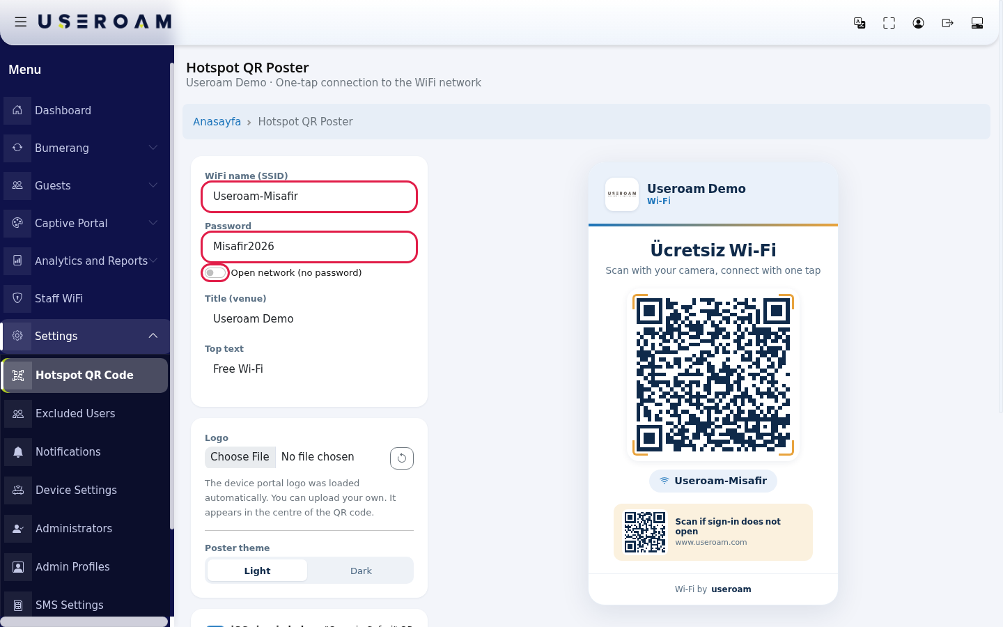 WiFi name, Password and Open network switch