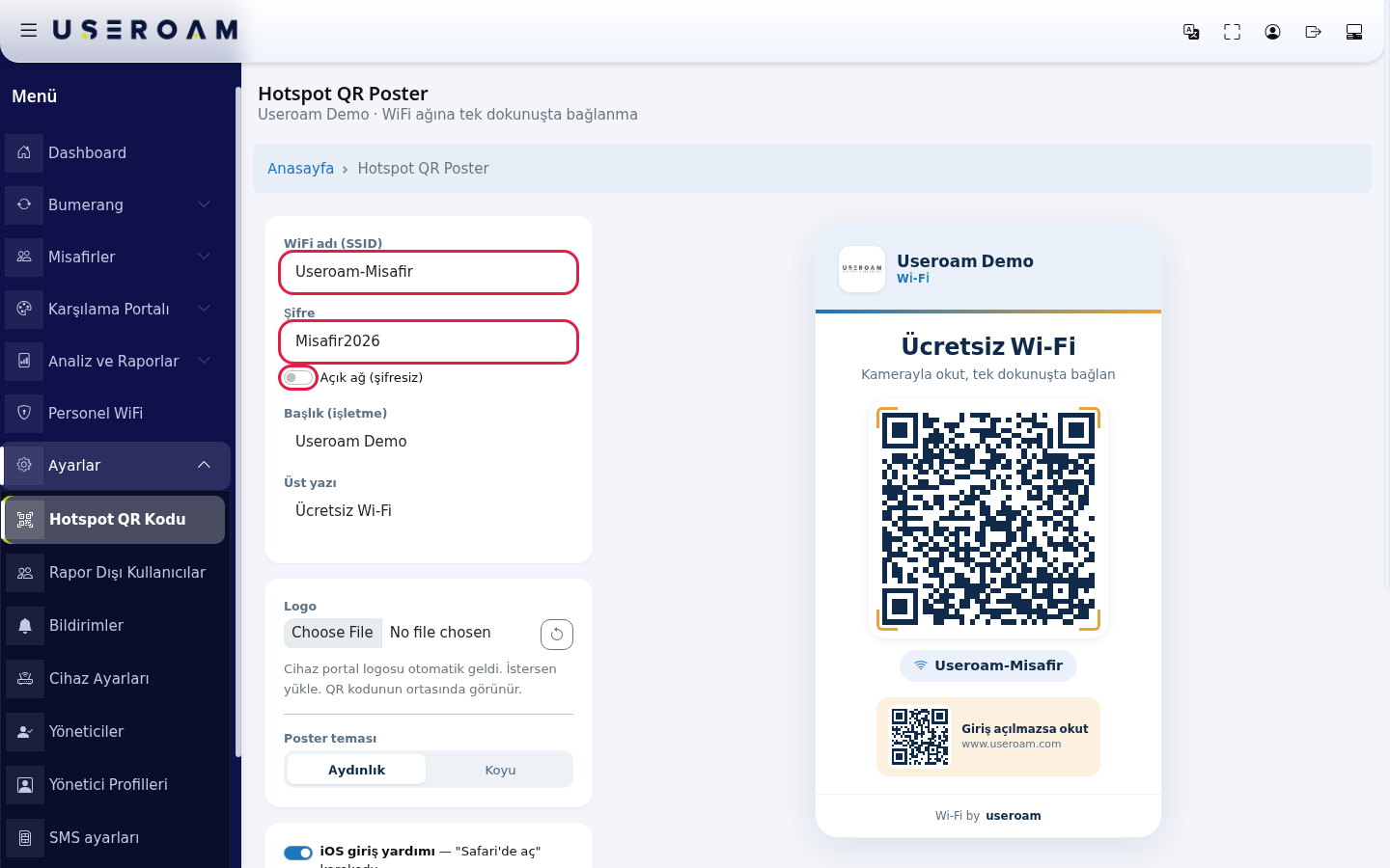 WiFi adı, Şifre ve Açık ağ anahtarı