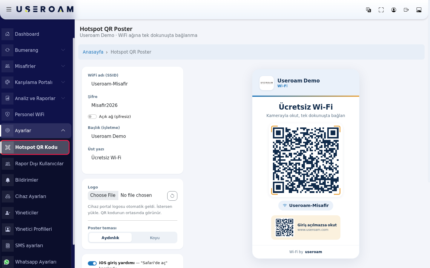 Ayarlar menüsünde Hotspot QR Kodu