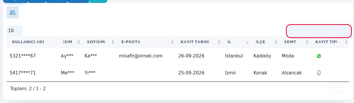 SMS/WhatsApp rapor tablosu