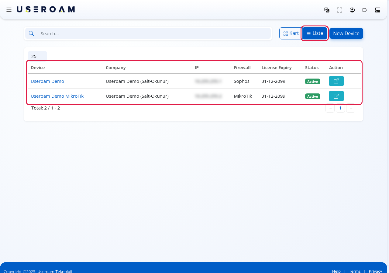 List button and device table highlighted