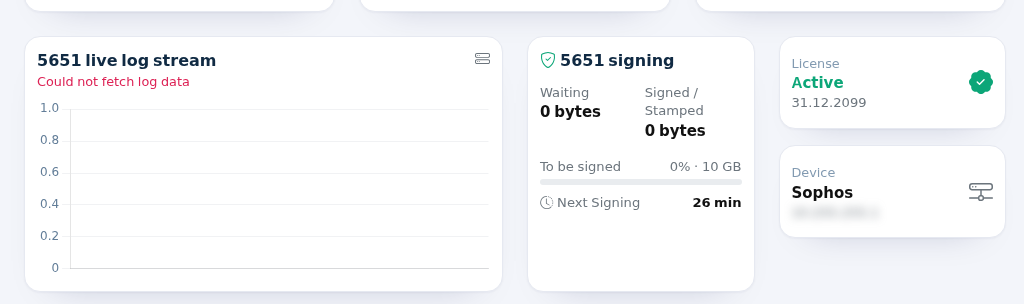 5651 live log stream, 5651 signing, License and Device cards