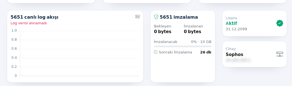 5651 canlı log akışı, 5651 imzalama, Lisans ve Cihaz kartları