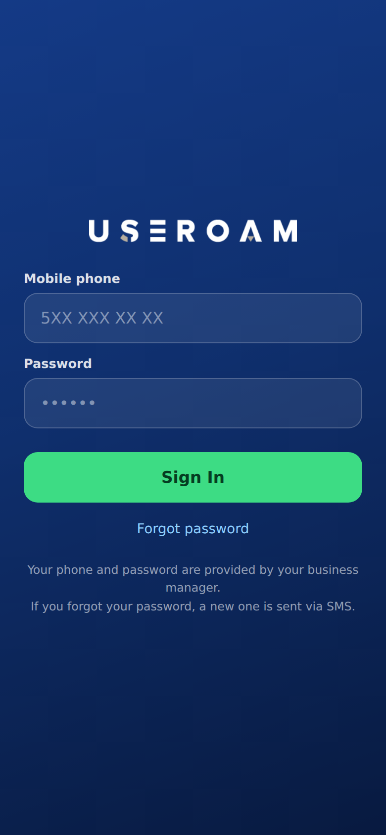 Useroam Go sign-in screen