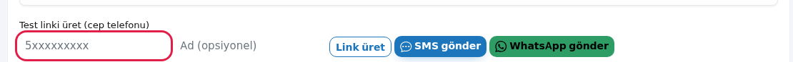 Test linki üret kutusu ve gönderim düğmeleri