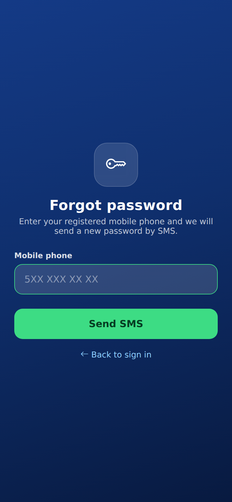 Useroam Go, Forgot password screen