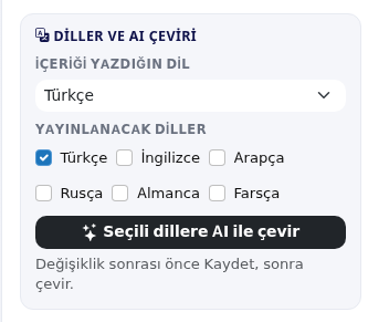 Diller ve AI Çeviri kartı