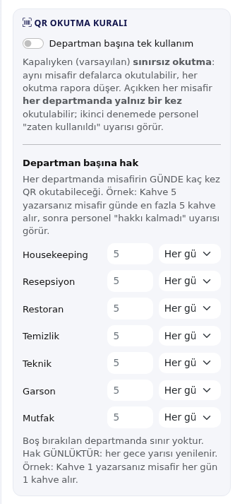 QR okutma kuralı ve departman hakları