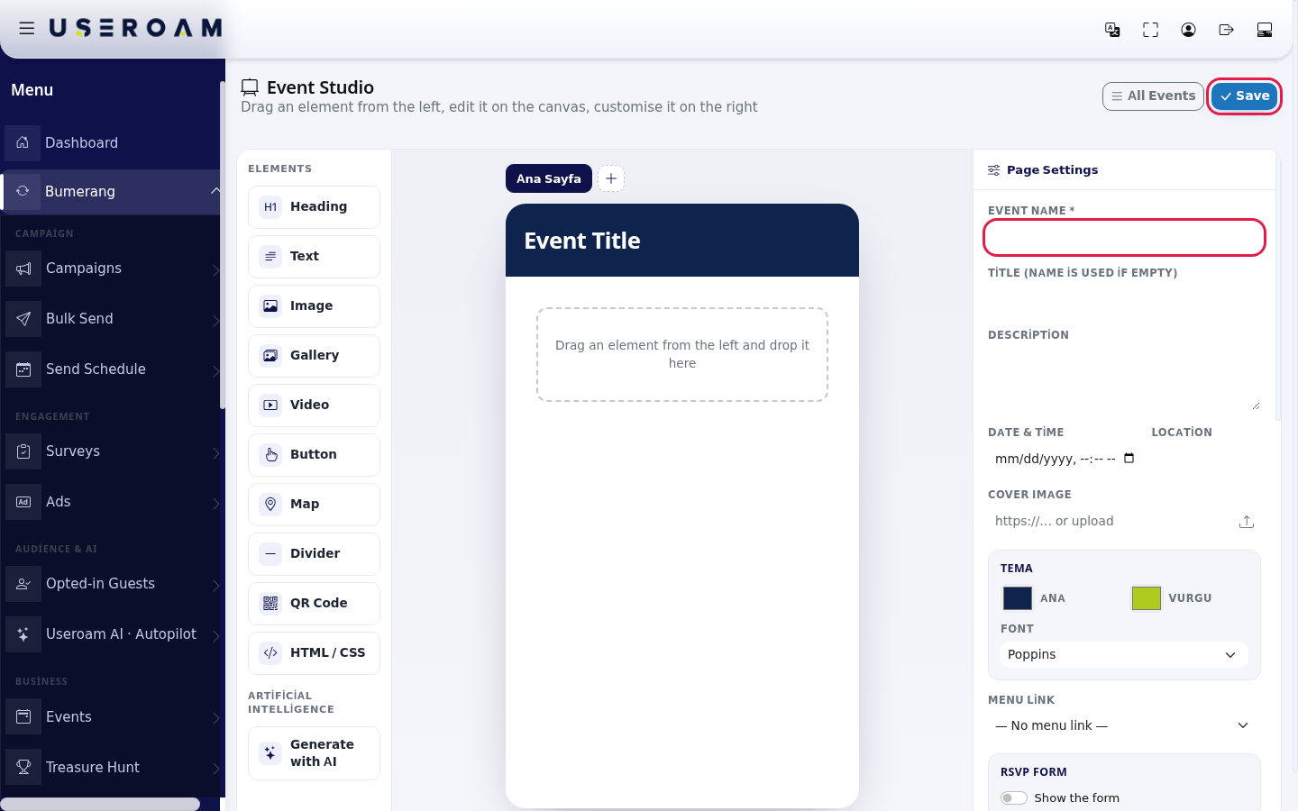 Event name and Save button