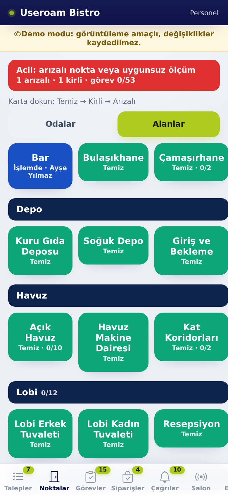 Noktalar: durum şeridi ve renkli kutular