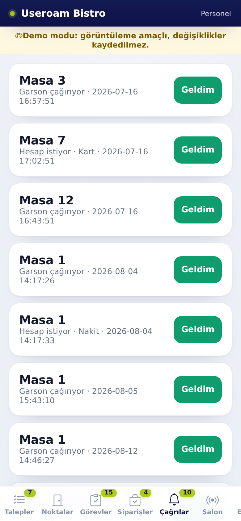 Useroam Go, Calls tab: table calls and the Geldim button
