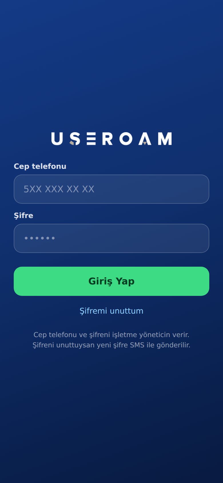 Useroam Go giriş ekranı