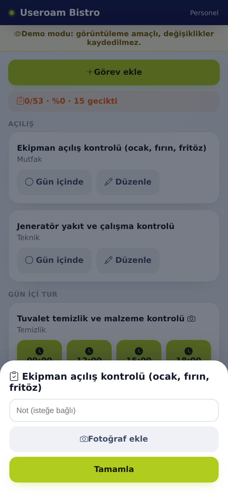 Useroam Go, task completion window: note, Add photo, Complete