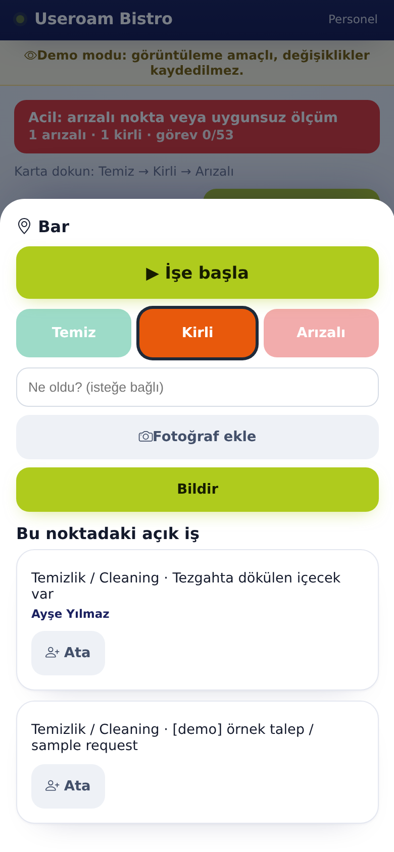 Useroam Go, after choosing Dirty: note, Add photo and Report