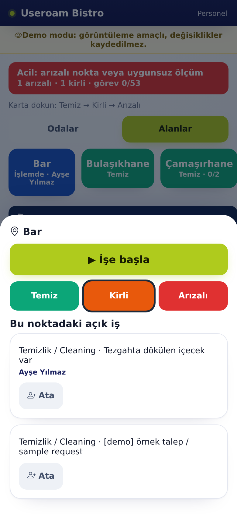 Useroam Go, point menu: Start job, Clean, Dirty, Faulty and open jobs