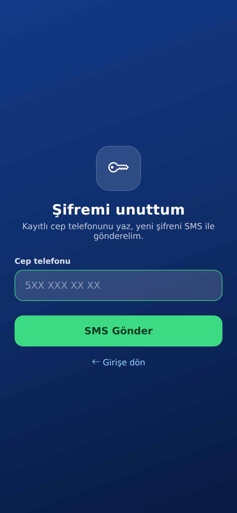Useroam Go, Şifremi unuttum ekranı