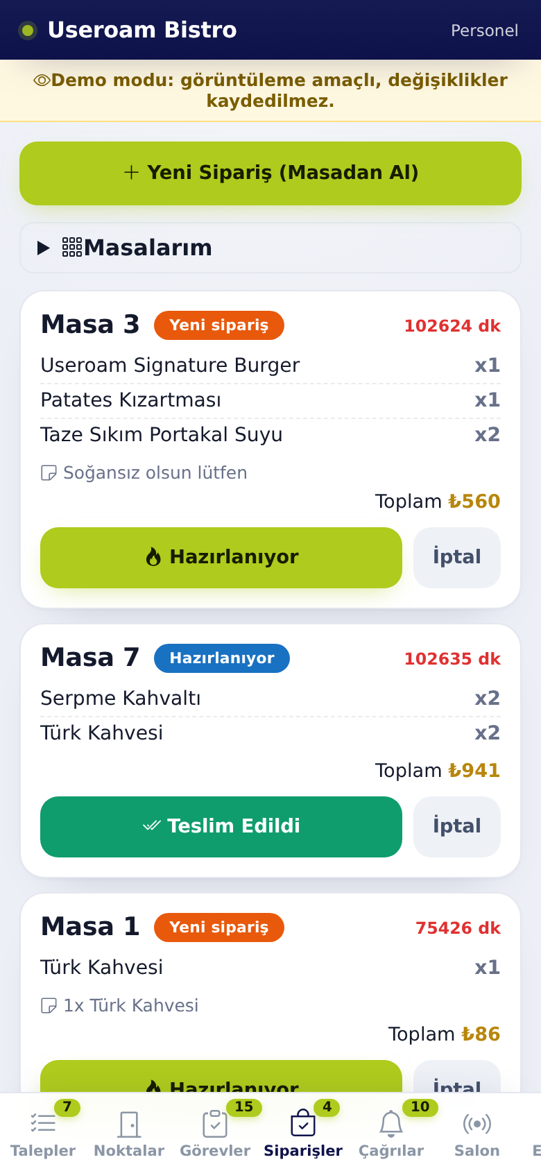 Useroam Go, Siparişler sekmesi: Masalarım ve sipariş kartları