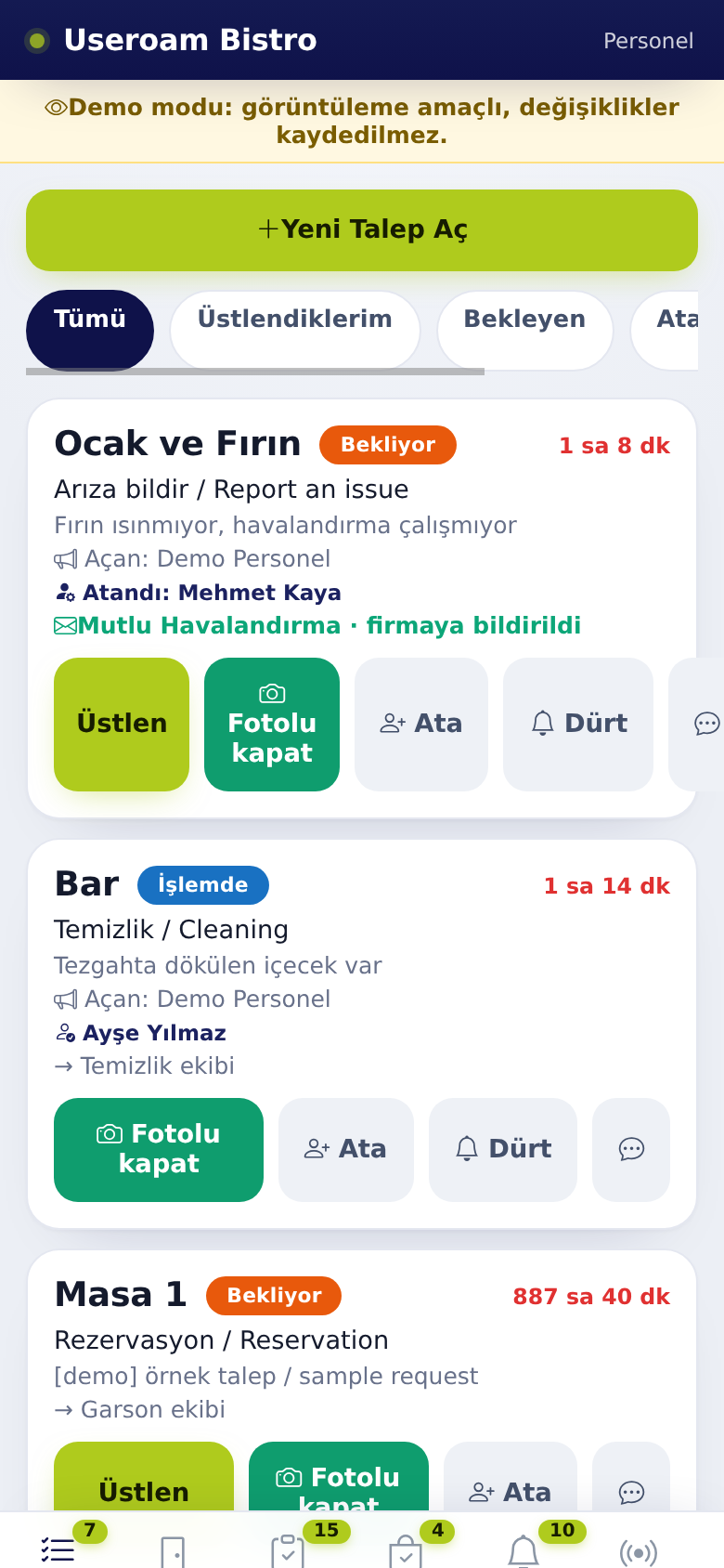 Useroam Go, Requests tab: filter chips and request cards