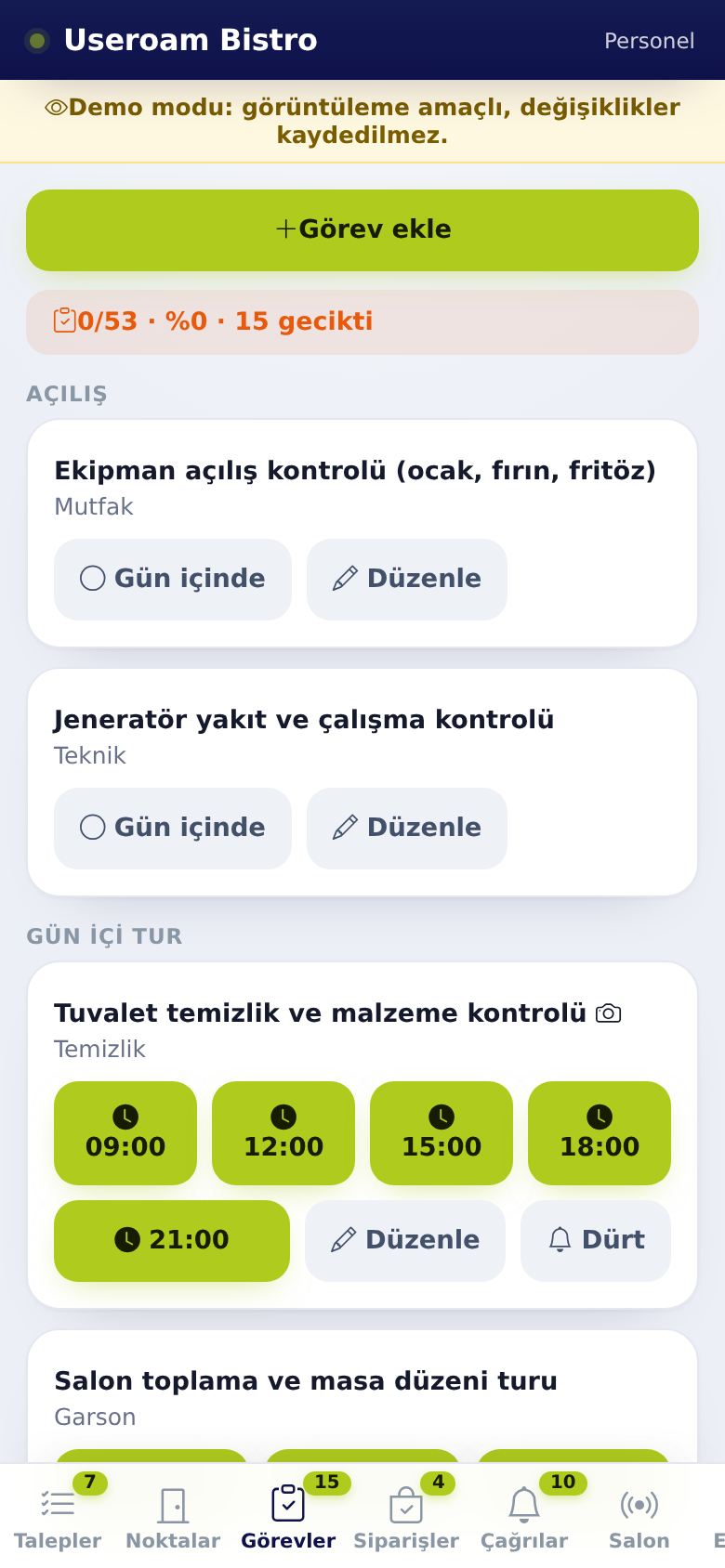 Useroam Go, Tasks tab: task list split by hour
