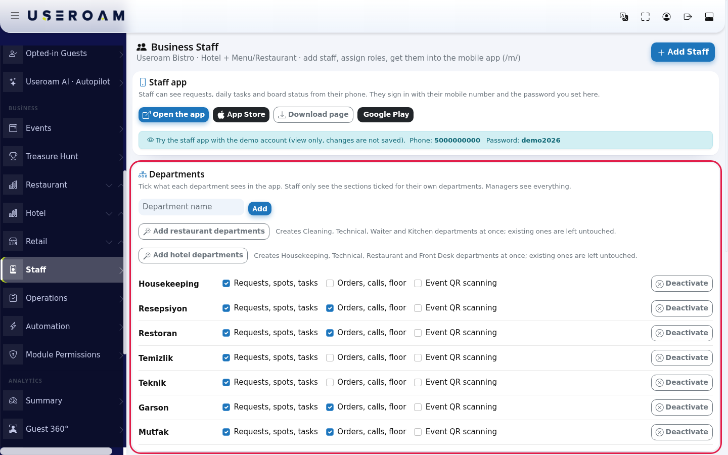 Staff screen, Departments section: three boxes next to each department