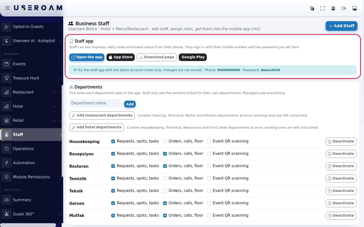 Business Staff screen