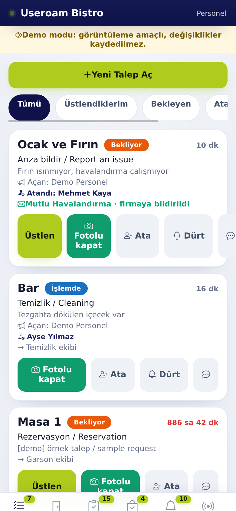 Useroam Go, yönetici görünümünde talep kartları: Ata ve Dürt düğmeleri