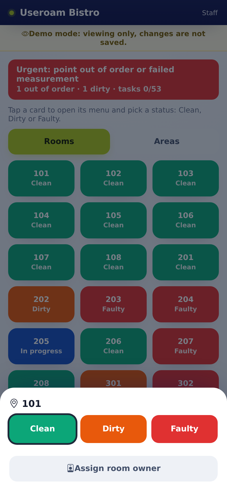 Room menu and Assign room owner