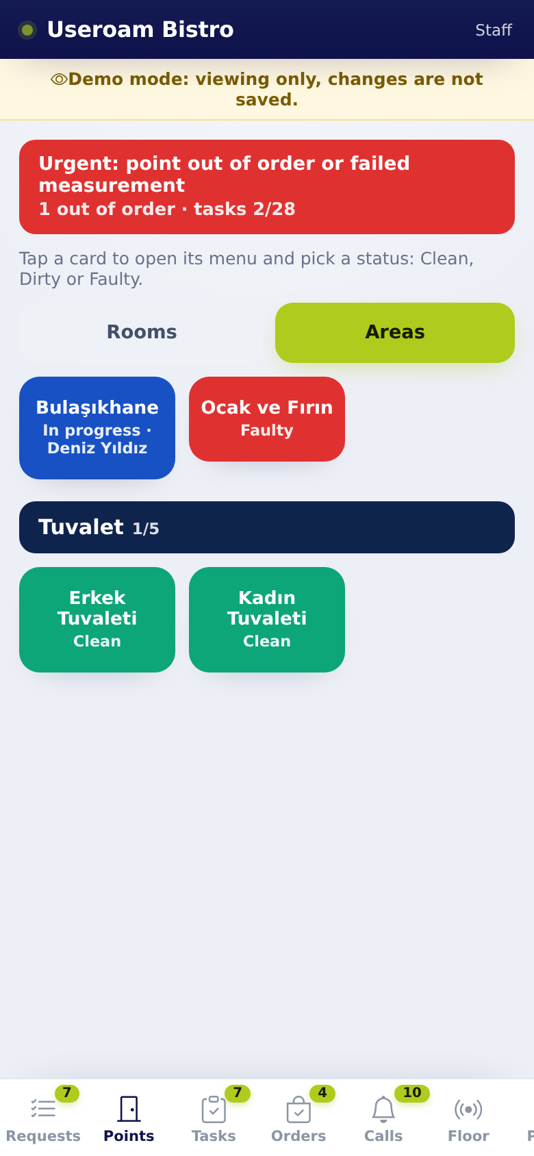 Useroam Go, Areas view: dark group headers and coloured tiles