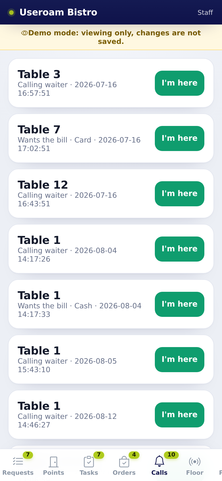 Useroam Go, Calls tab: table calls and the I'm here button
