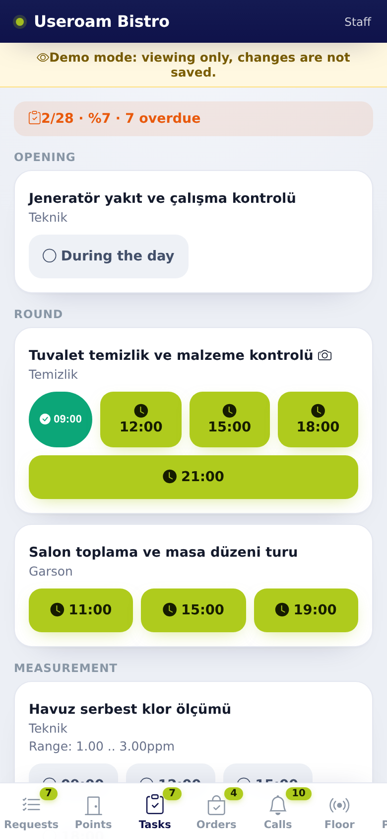 Tasks tab: 09:00 green with a tick, finished task badge