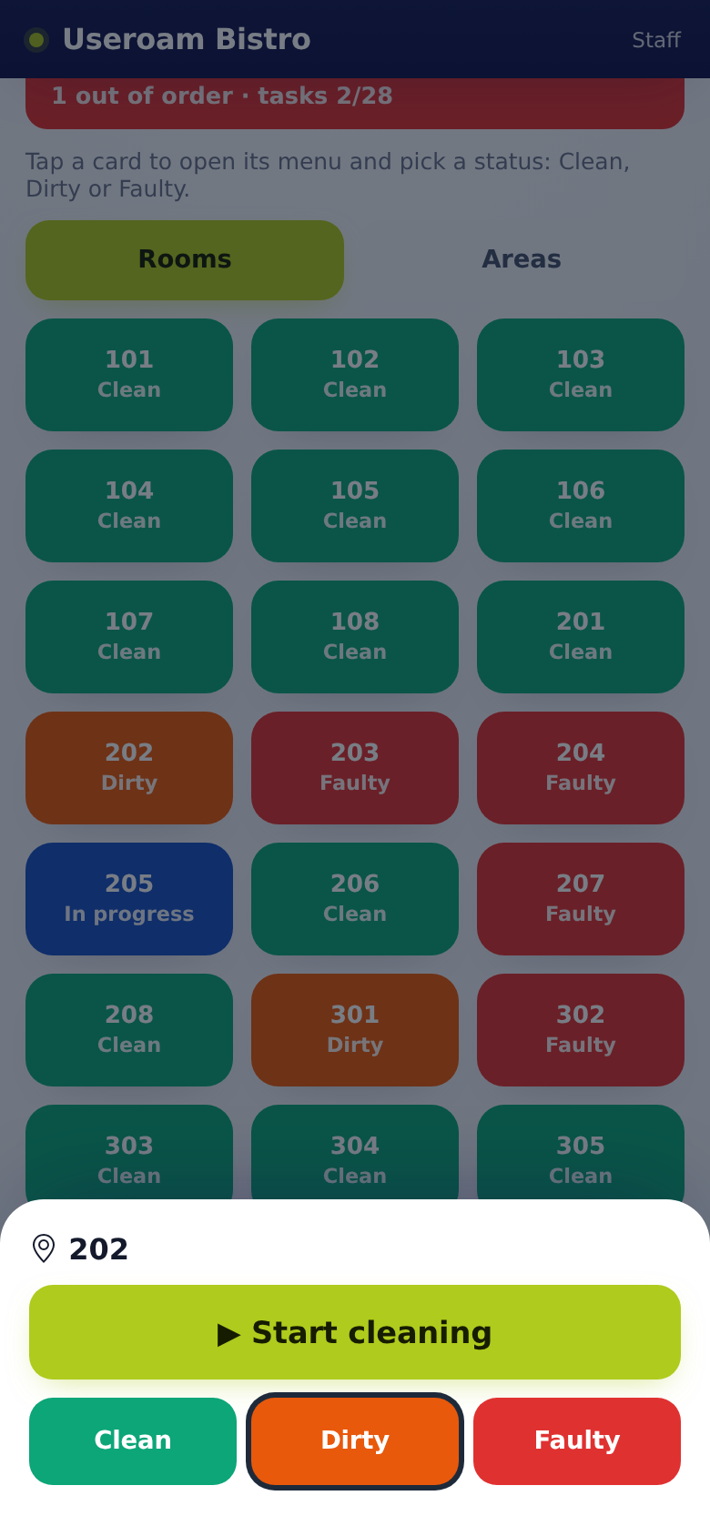 Menu of a dirty room: ▶ Start cleaning, staff view