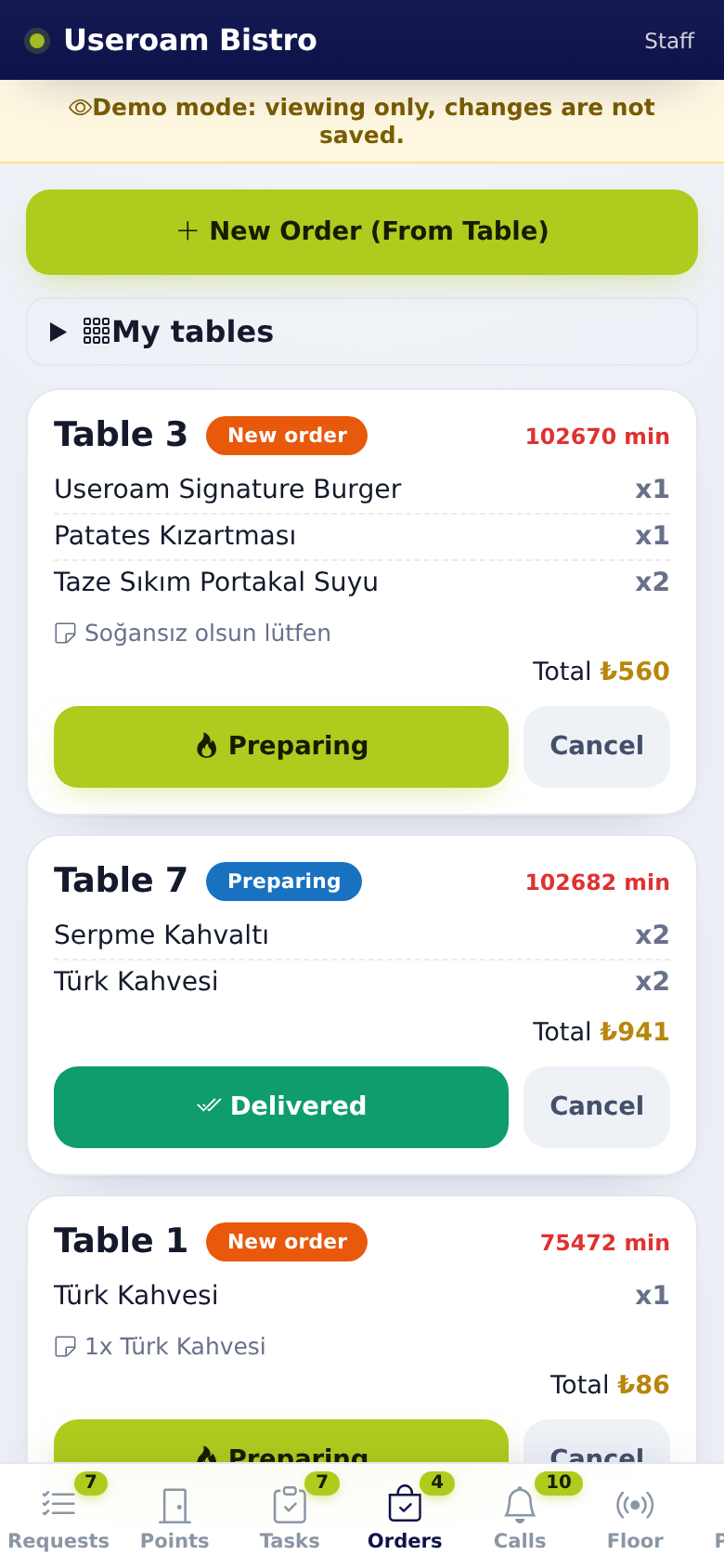 Useroam Go, Orders tab: My tables and order cards