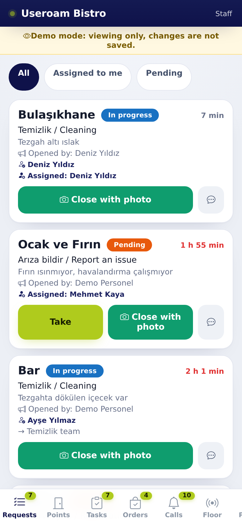 Requests tab, staff view: Take and Close with photo