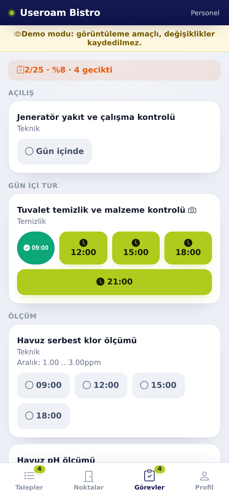 Görevler sekmesi: bitmiş görev rozeti