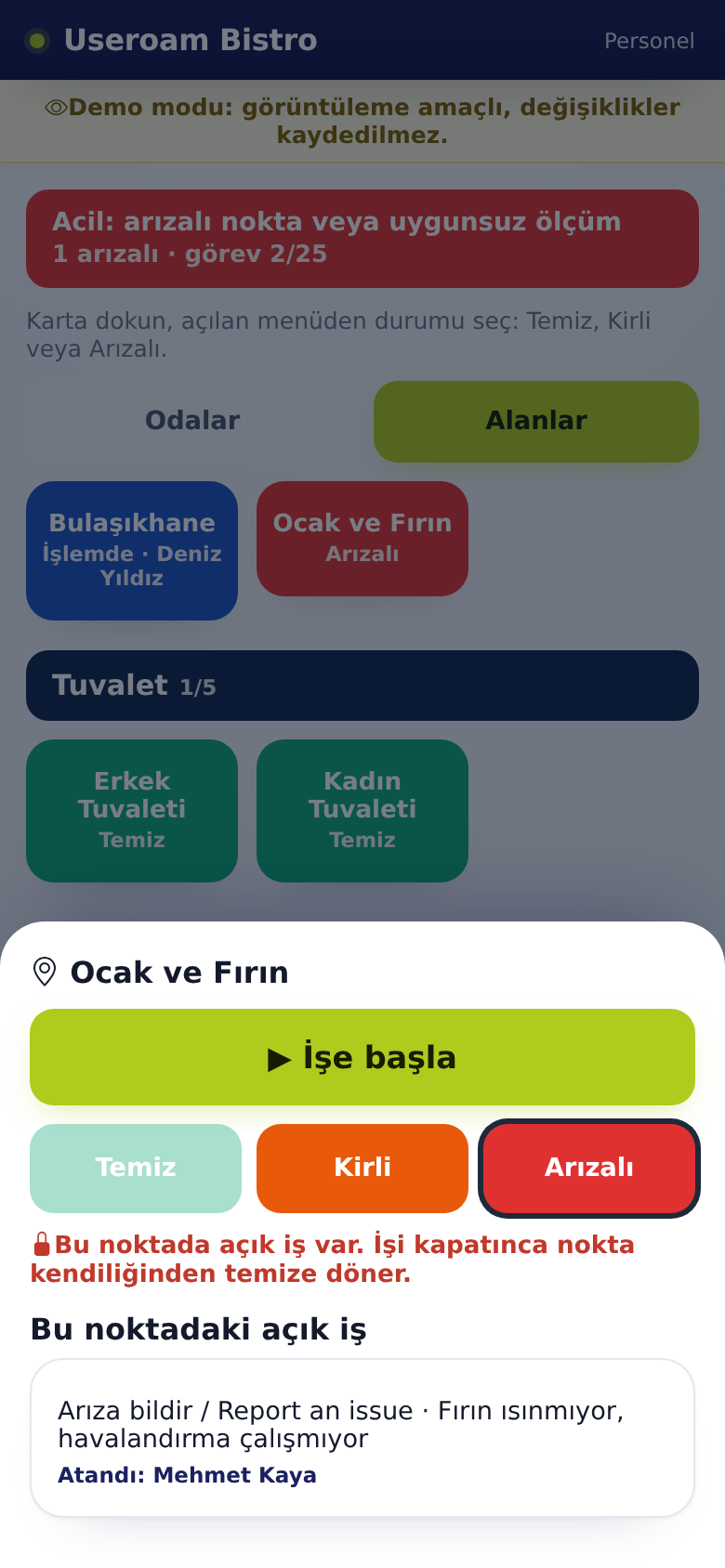 Noktaya dokununca açılan menü: ▶ İşe başla ve açık iş