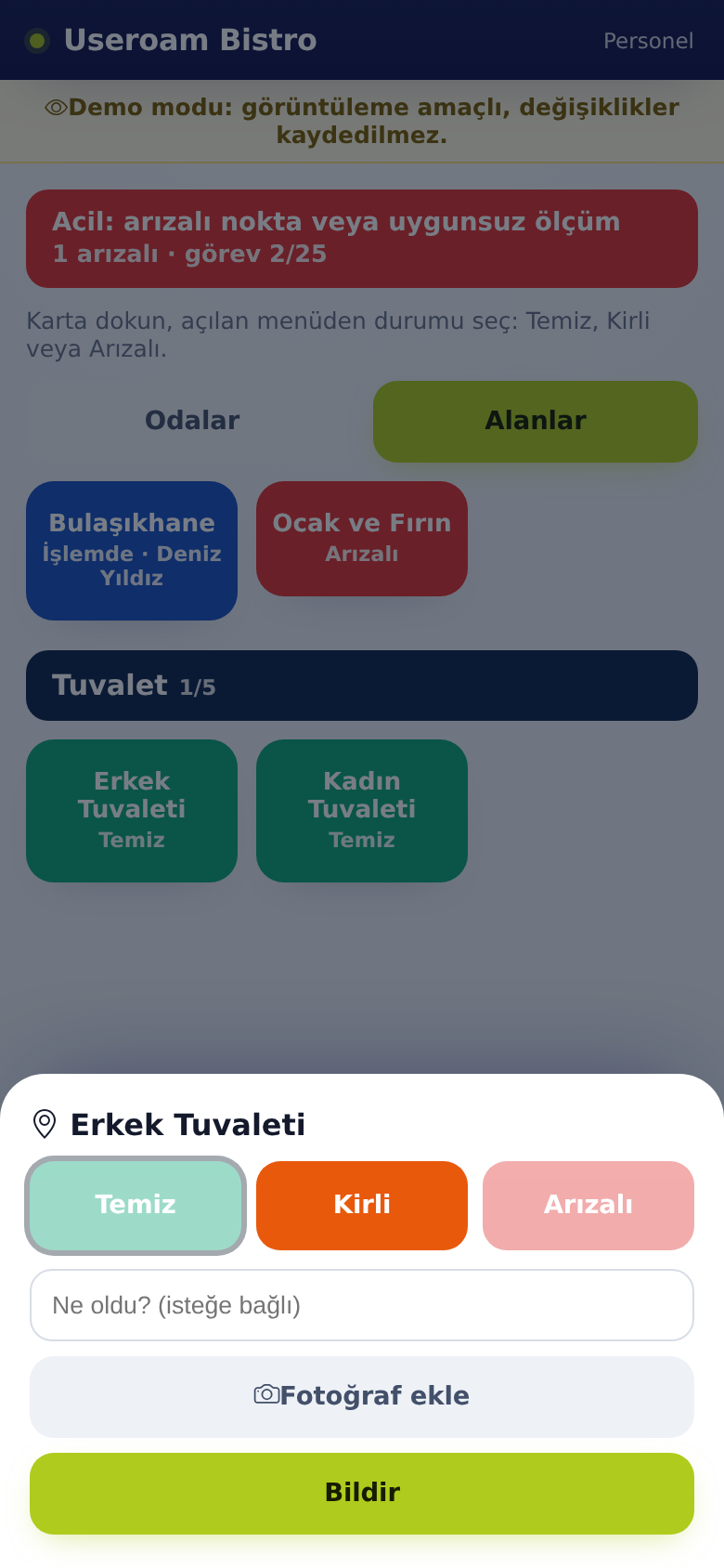Kirli seçip Bildir, personel görünümü