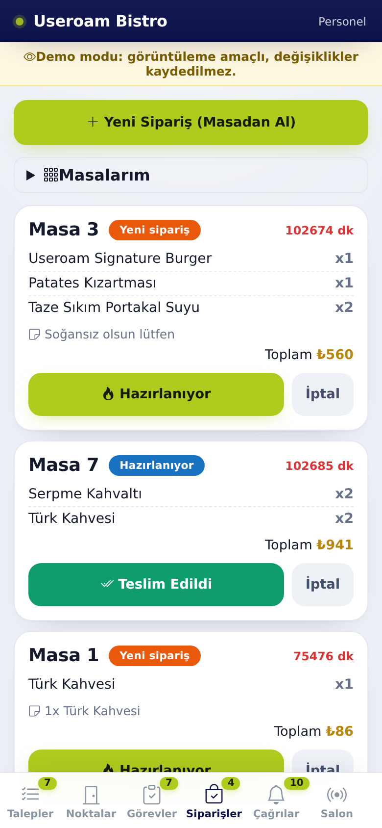 Siparişler ve Masalarım, personel görünümü