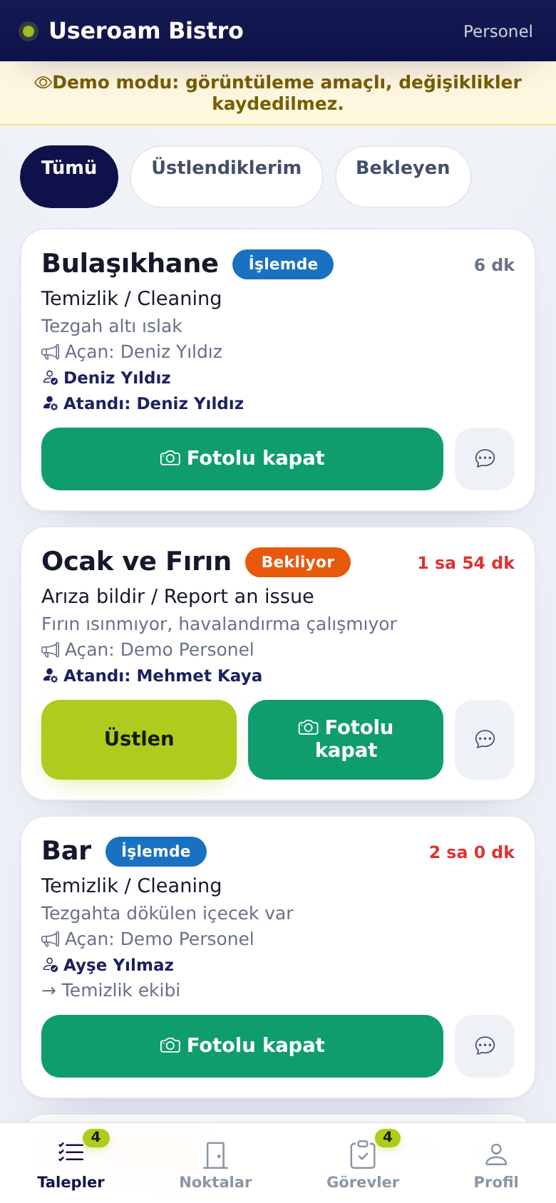 Talepler sekmesi, personel görünümü: Üstlen ve Fotolu kapat