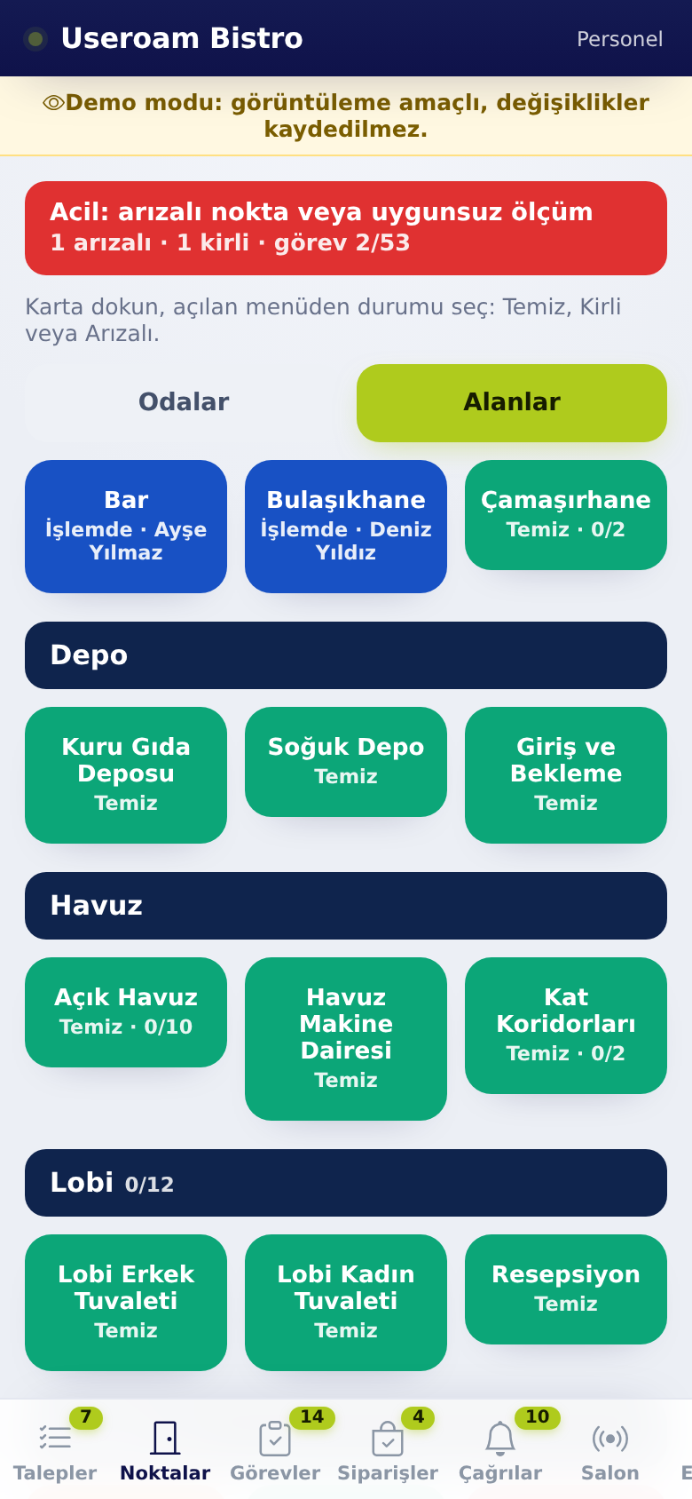 Useroam Go, Alanlar görünümü: lacivert üst başlıklar ve renkli kutular