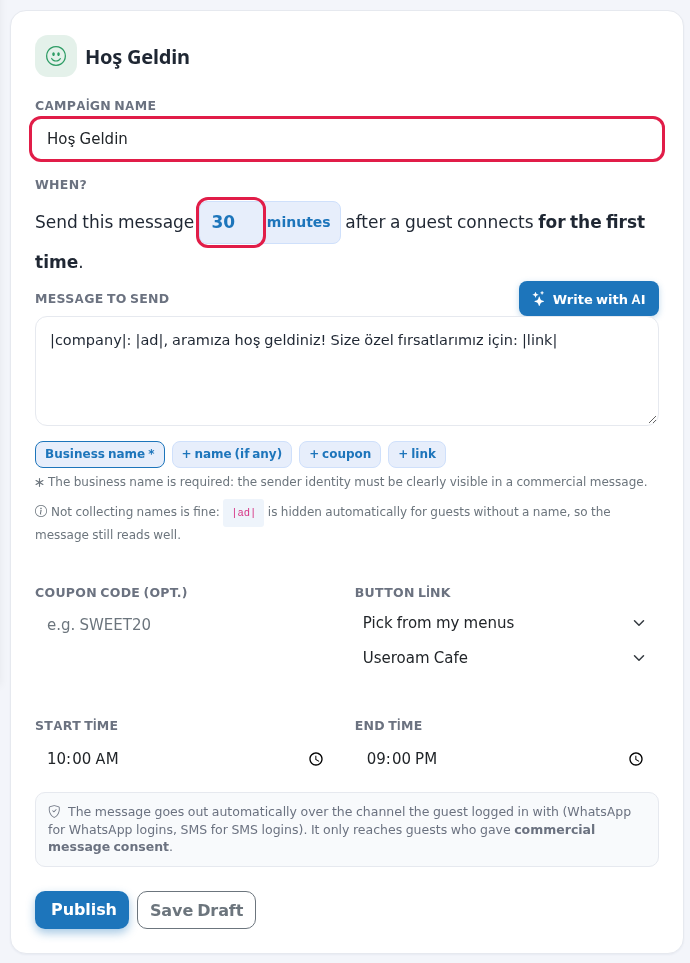 Campaign name and When line