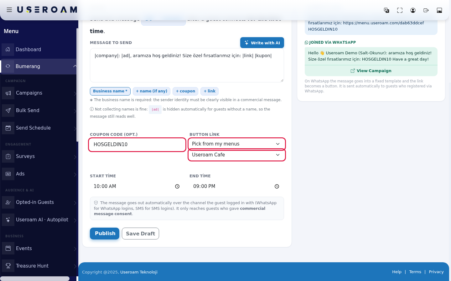 Coupon code and Button link fields