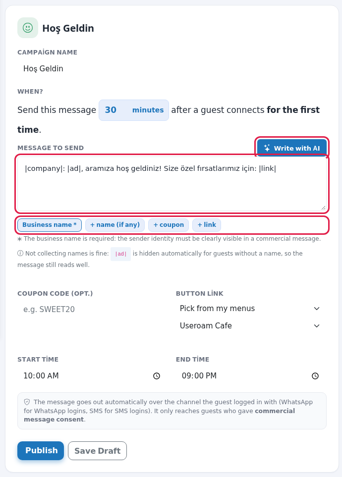 Message box, tags and Write with AI button