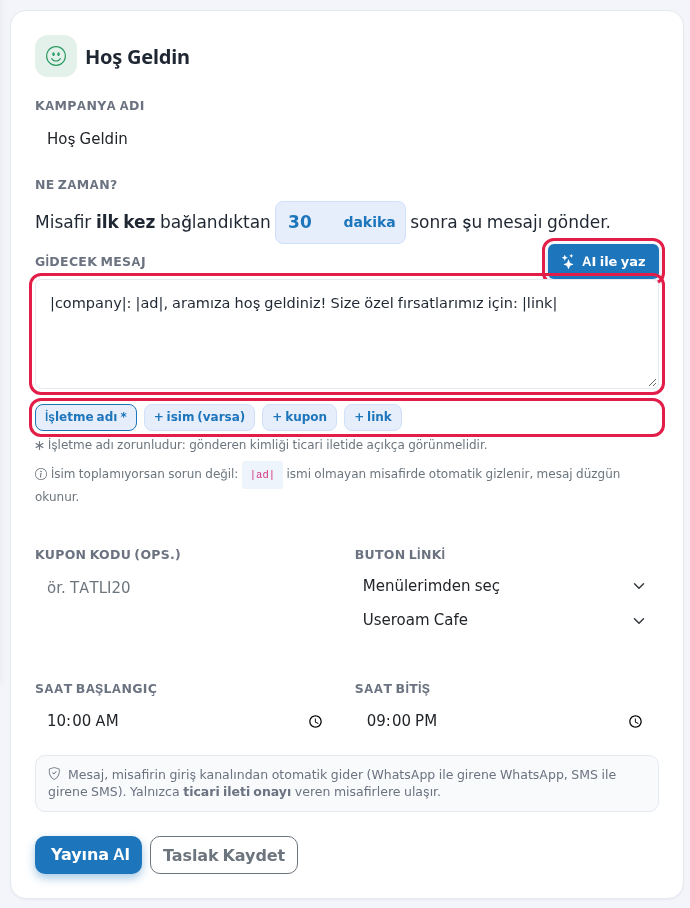Mesaj kutusu, etiketler ve AI ile yaz düğmesi