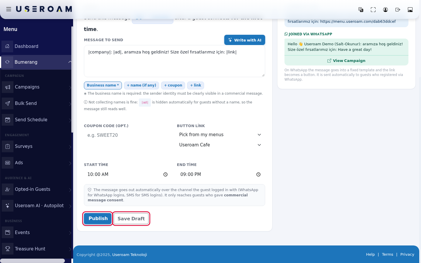 Publish and Save Draft buttons